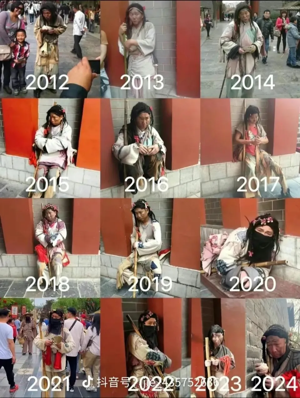 The famous professional beggar of Kaifeng standing near ancient-style architecture in Qingming Shanghe Garden.