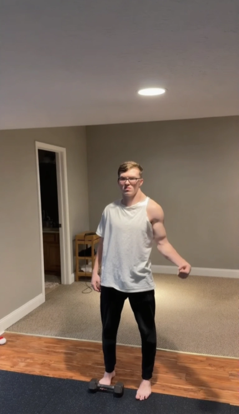 Side view comparison of a man with an overgrown left trapezius muscle after 200 days of training.