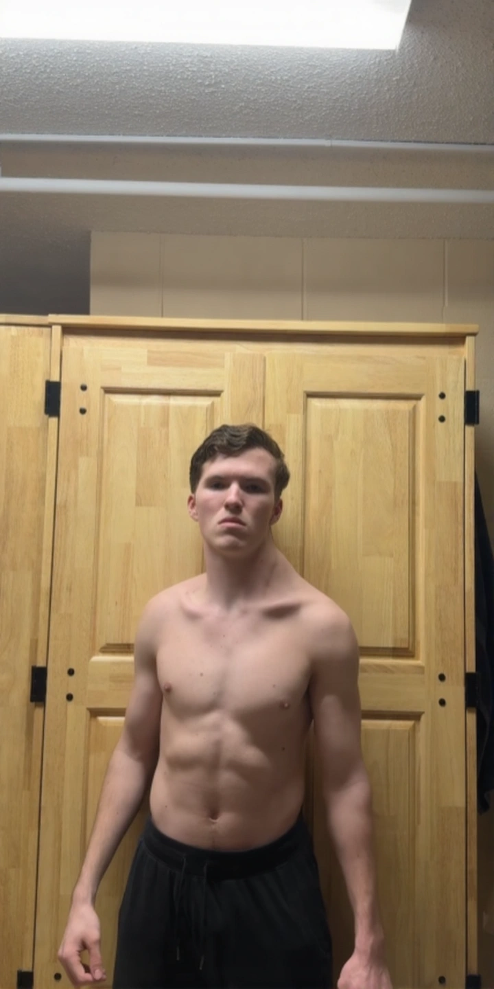 Close-up of the massive muscle mound on one shoulder from 200 days of shrugging.