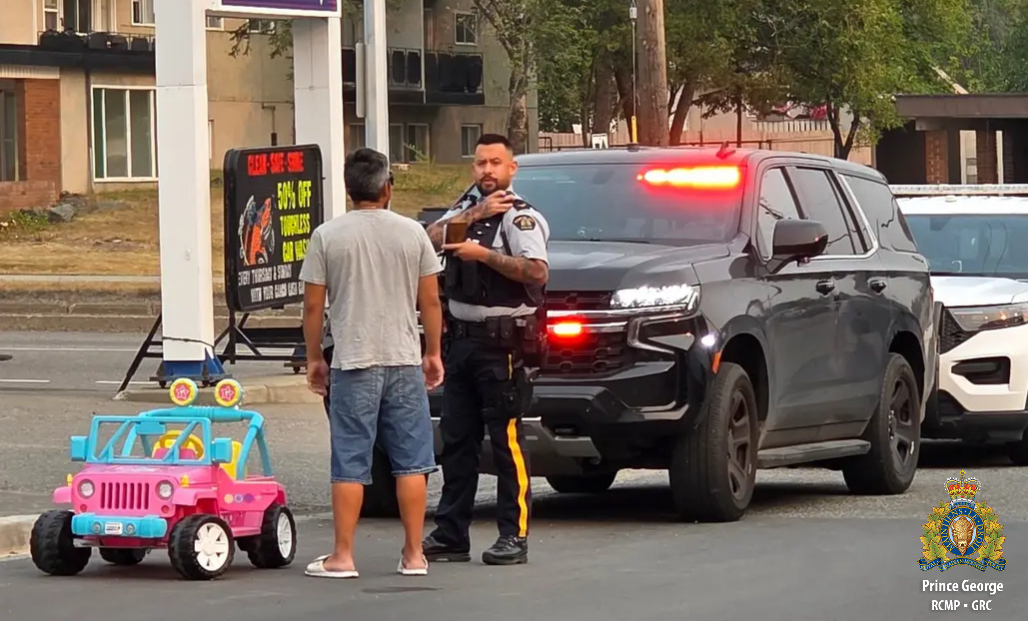 Close-up of pink Power Wheels toy car used in impaired driving offense.