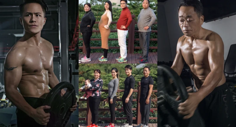 The final transformation result of the Chinese father and son with toned muscular bodies and six-pack abs.