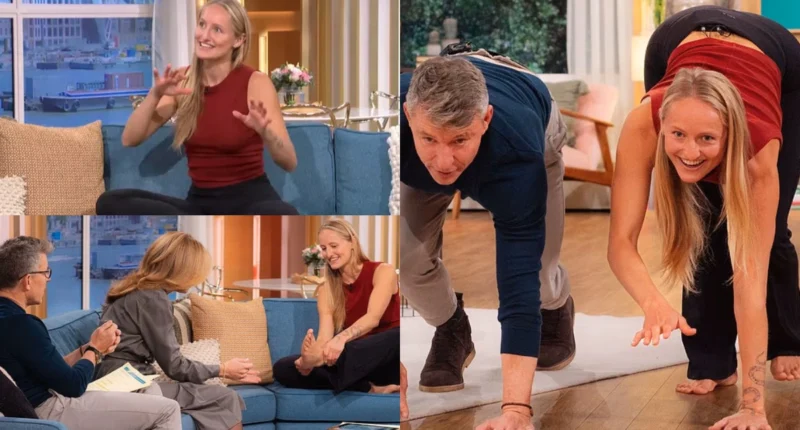 Alexia Kraft, the quadrobics athlete, demonstrating agility and core strength in a park.