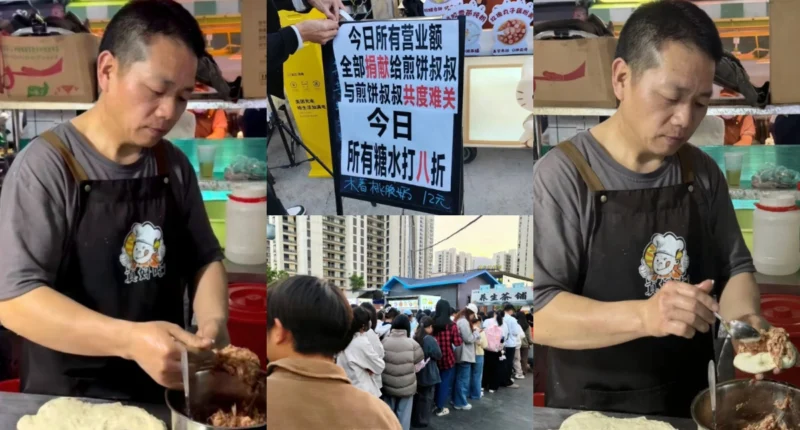 A wide view of a Singapore hawker stall with banners and a donation box set up to help a colleague with medical bills.