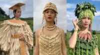 A creative fashion designer from rural China walking a makeshift runway wearing vegetable-based clothing.