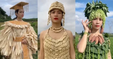 A creative fashion designer from rural China walking a makeshift runway wearing vegetable-based clothing.