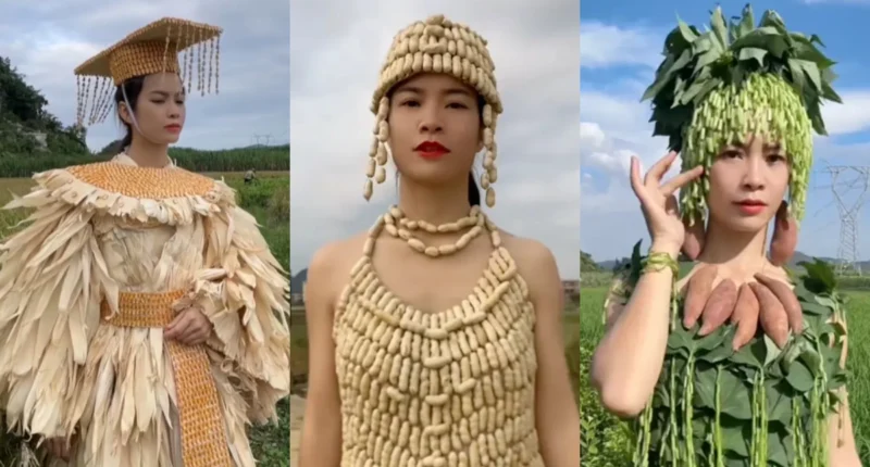 A creative fashion designer from rural China walking a makeshift runway wearing vegetable-based clothing.
