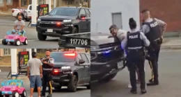 Illustration of man driving pink toy jeep with police car in background.