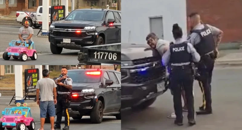 Illustration of man driving pink toy jeep with police car in background.