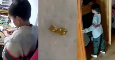 Close-up of a child, likely the 8-year-old boy, holding scissors and attempting to cut a delicate gold chain necklace.