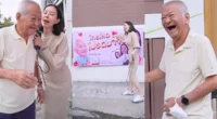 The full viral TikTok image showing the Thai father, the advertisement banner, and a montage of the daughter.